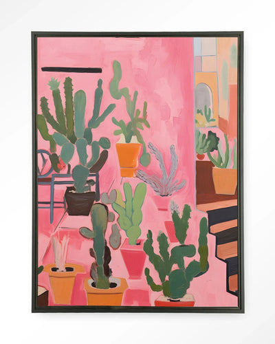 Moderne cactus kunstwanddecoratie van Urban Cotton, inclusief wandkleed en artprint met zwart frame, geschikt voor inrichting.