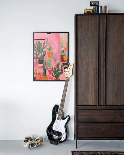 Moderne wanddecoratie met cactusprint in houten lijst, zwart frame, Urban Cotton kunstwerk voor in huis
