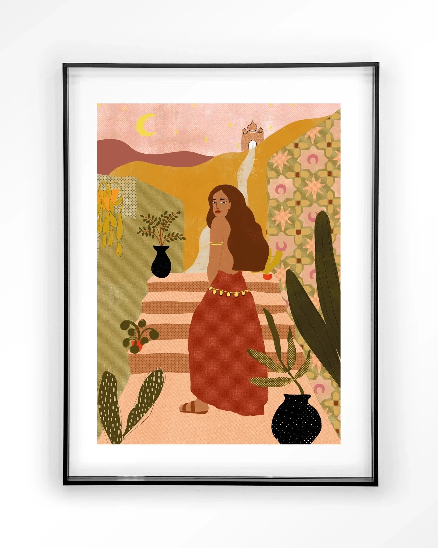 Urban Cotton Caribbean Night kunstprint met zwart acrylframe, moderne wanddecoratie met glasart en wandkleed, kleurrijk en stijlvol ontwerp