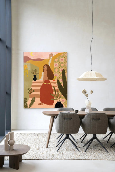 Moderne Caribbean Night wandkleed van Urban Cotton met kleurrijk kunstprint en glasdetails, ideale wanddecoratie voor een stijlvolle ruimte.