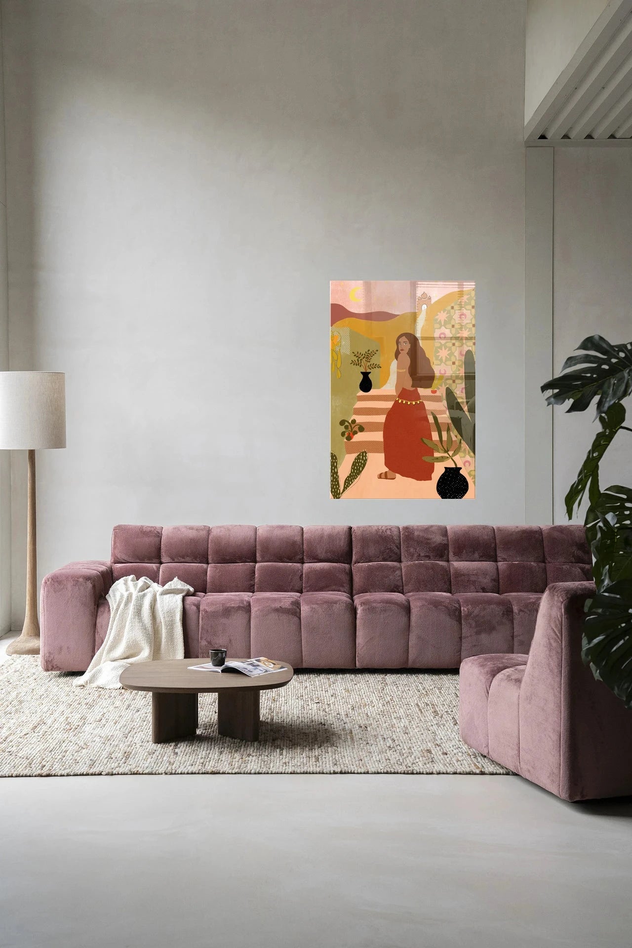 Moderne kunstprint "Caribbean Night" van Urban Cotton met glas- of wandkledelement, kleurrijk en abstract wanddecoratie.