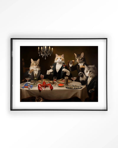 Modern kunstprint van een kat met "Cat Supper" thema, ingelijst in zwart acryl, als wanddecoratie van Urban Cotton.