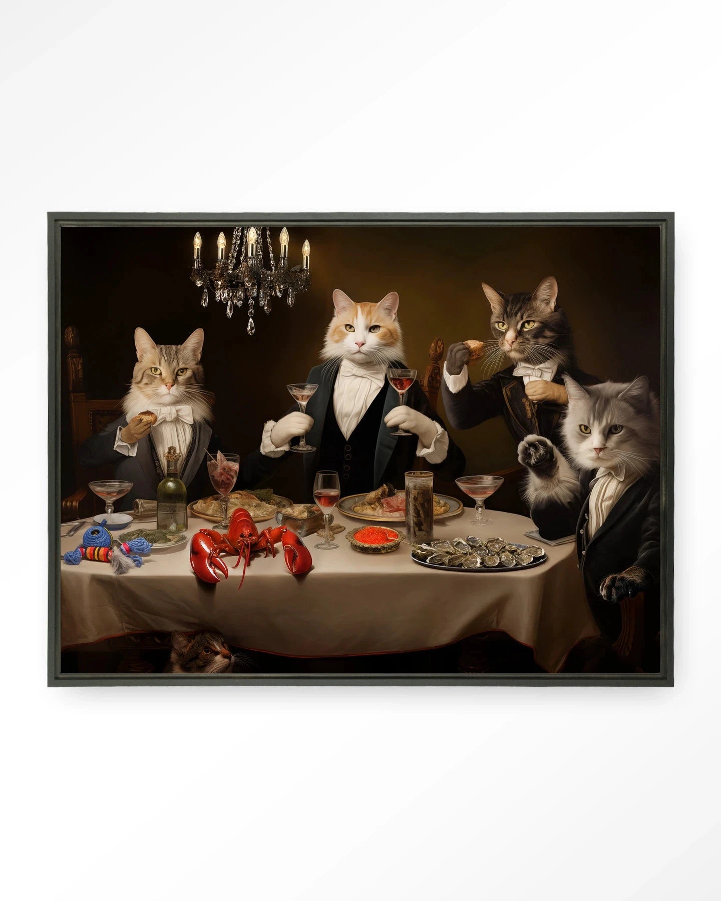 Moderne kattenkunst wanddecoratie van Urban Cotton, zwart wandkleed met kunstprint van een kat en kunstglas.