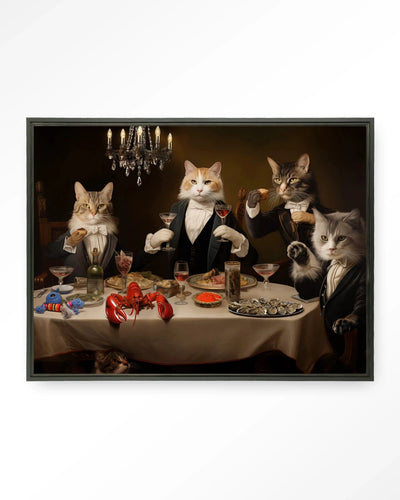 Moderne kattenkunst wanddecoratie van Urban Cotton, zwart wandkleed met kunstprint van een kat en kunstglas.