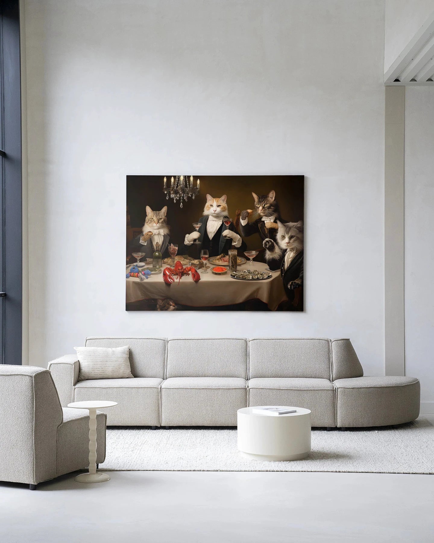 Moderne kattenkunst wanddecoratie met wandkleed, geschikt voor interieur, ontworpen door Urban Cotton, kleurrijk en uniek.