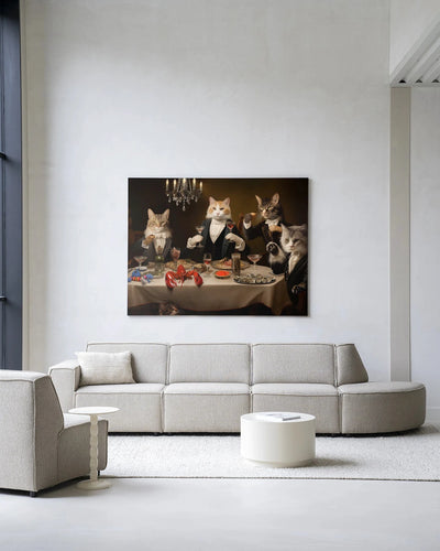 Moderne kattenkunst wanddecoratie met wandkleed, geschikt voor interieur, ontworpen door Urban Cotton, kleurrijk en uniek.