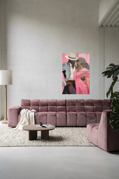 Moderne wanddecoratie kunst van Urban Cotton met glasart en wandkleed voor een stijlvolle woonkamer.