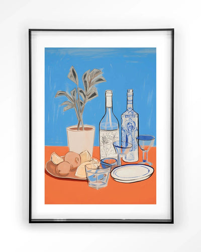 Moderne wanddecoratie kunst met cocktailtafel ontwerp, zwart acryl frame, glas artprint en wandkleed van Urban Cotton.