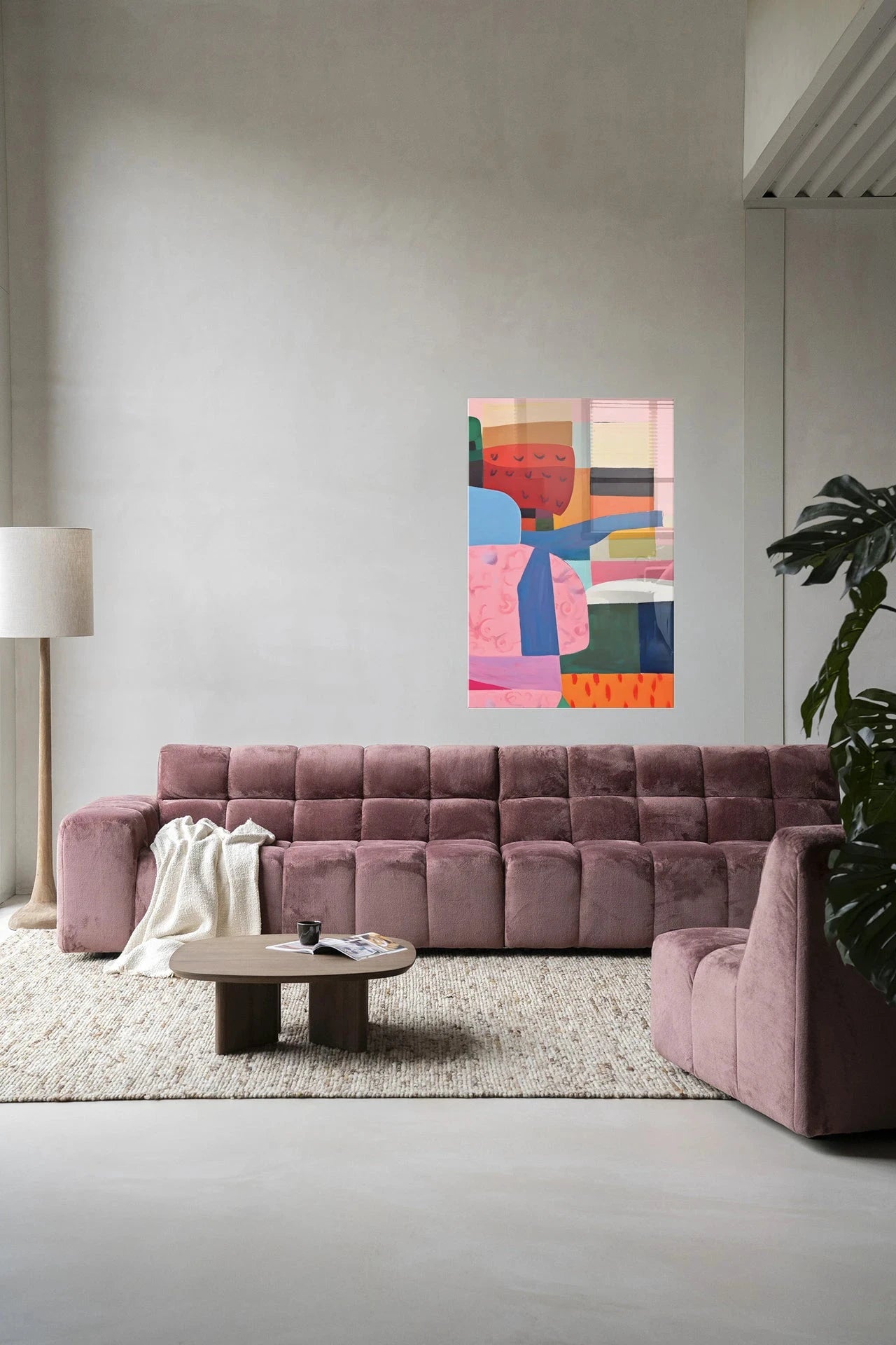 Moderne wanddecoratie van Urban Cotton met kleurrijke glaskunst en wandkleed, uniek kunstwerk voor in huis.