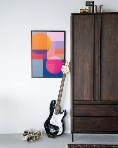 Moderne wanddecoratie door Urban Cotton met zwart houten frame, inclusief artprint, glas kunst en wandkleed in een gecombineerde kunstwerk