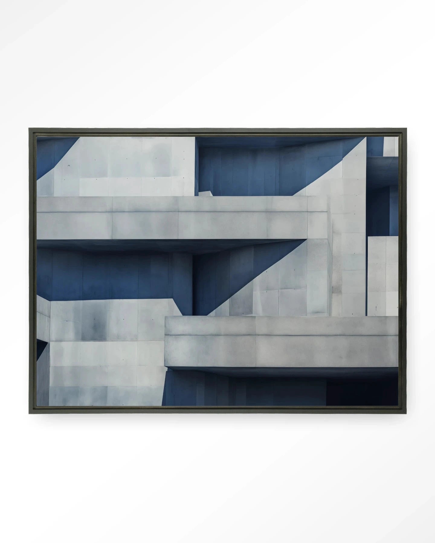 Moderne wanddecoratie met beton kubus ontwerp op zwart wandkleed door Urban Cotton, geschikt als kunst en canvas.