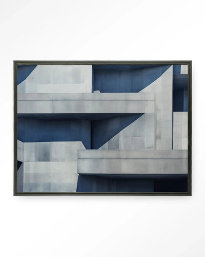Moderne wanddecoratie met beton kubus ontwerp op zwart wandkleed door Urban Cotton, geschikt als kunst en canvas.