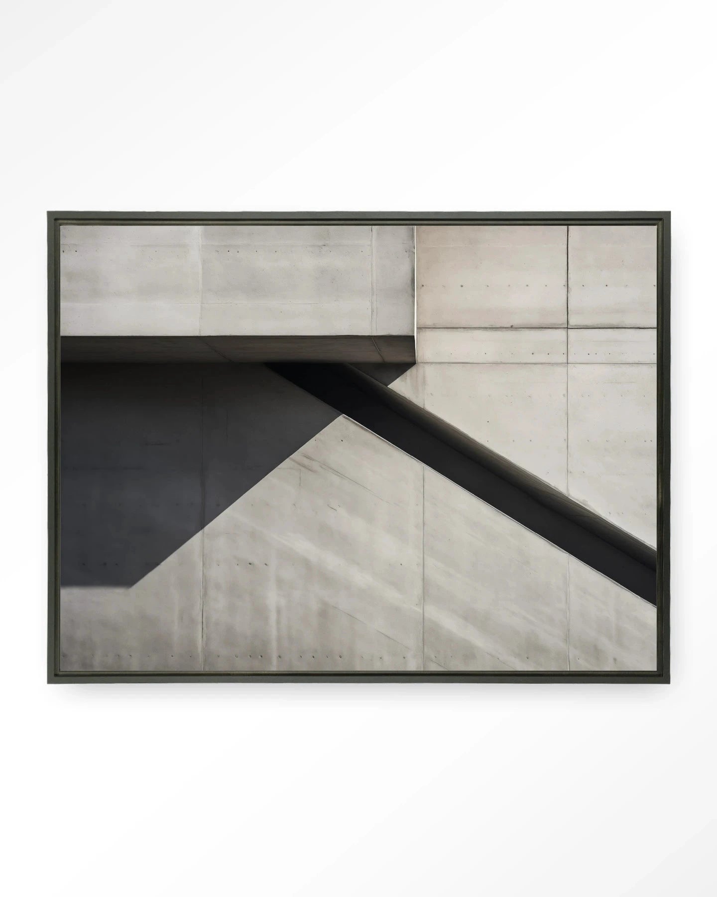 Abstracte betonnen wanddecoratie van Urban Cotton, met kunstprint, glazen kunst en wandkleed in zwart zwevend frame.