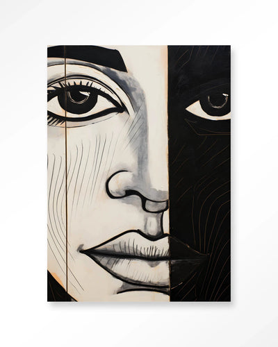 Moderne wanddecoratie kunst van Urban Cotton met contrast, inclusief artprint, glazen kunstwerk en wandkleed op witte achtergrond.