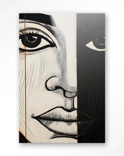 Moderne wanddecoratie van Urban Cotton met glas artprint en wandkleed, abstract kunstwerk met contrastkleuren op muur.