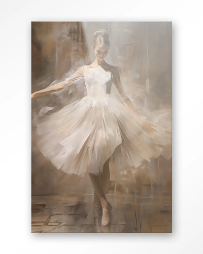 Moderne wanddecoratie van een dansende ballerina in glas, artprint van Urban Cotton, elegant en kleurrijk kunstwerk.