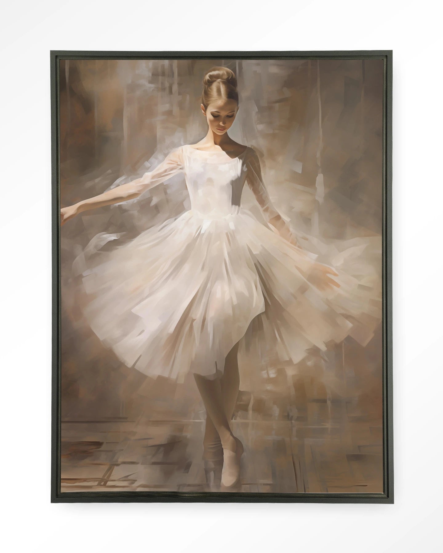 Moderne wanddecoratie van Urban Cotton, dansende ballerina kunstprint op zwart wandkleed met zwevende lijst.