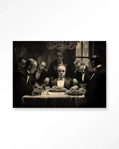 Moderne kunstprint "Dinner With Gangsters" van Urban Cotton, glasart en wandkleed voor stijlvolle wanddecoratie in huis.