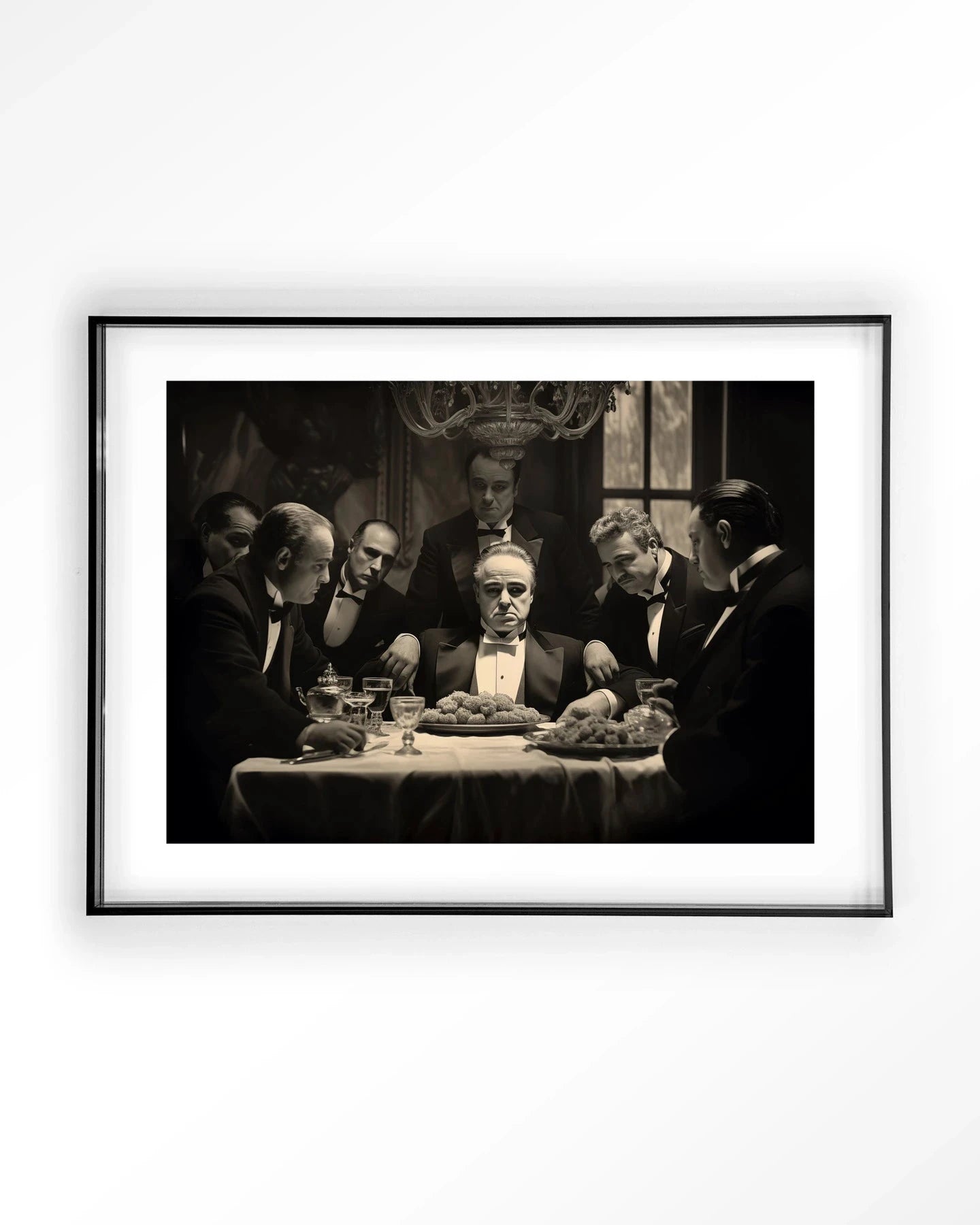 Modern kunstprint "Dinner With Gangsters" van Urban Cotton, acryl frame en zwart wandkleed, stijlvolle wanddecoratie voor in huis