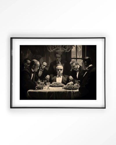 Modern kunstprint "Dinner With Gangsters" van Urban Cotton, acryl frame en zwart wandkleed, stijlvolle wanddecoratie voor in huis