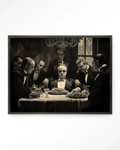 Moderne wanddecoratie met kunstprint 'Dinner With Gangsters' van Urban Cotton, zwart wandkleed met glazen kunstafbeelding.