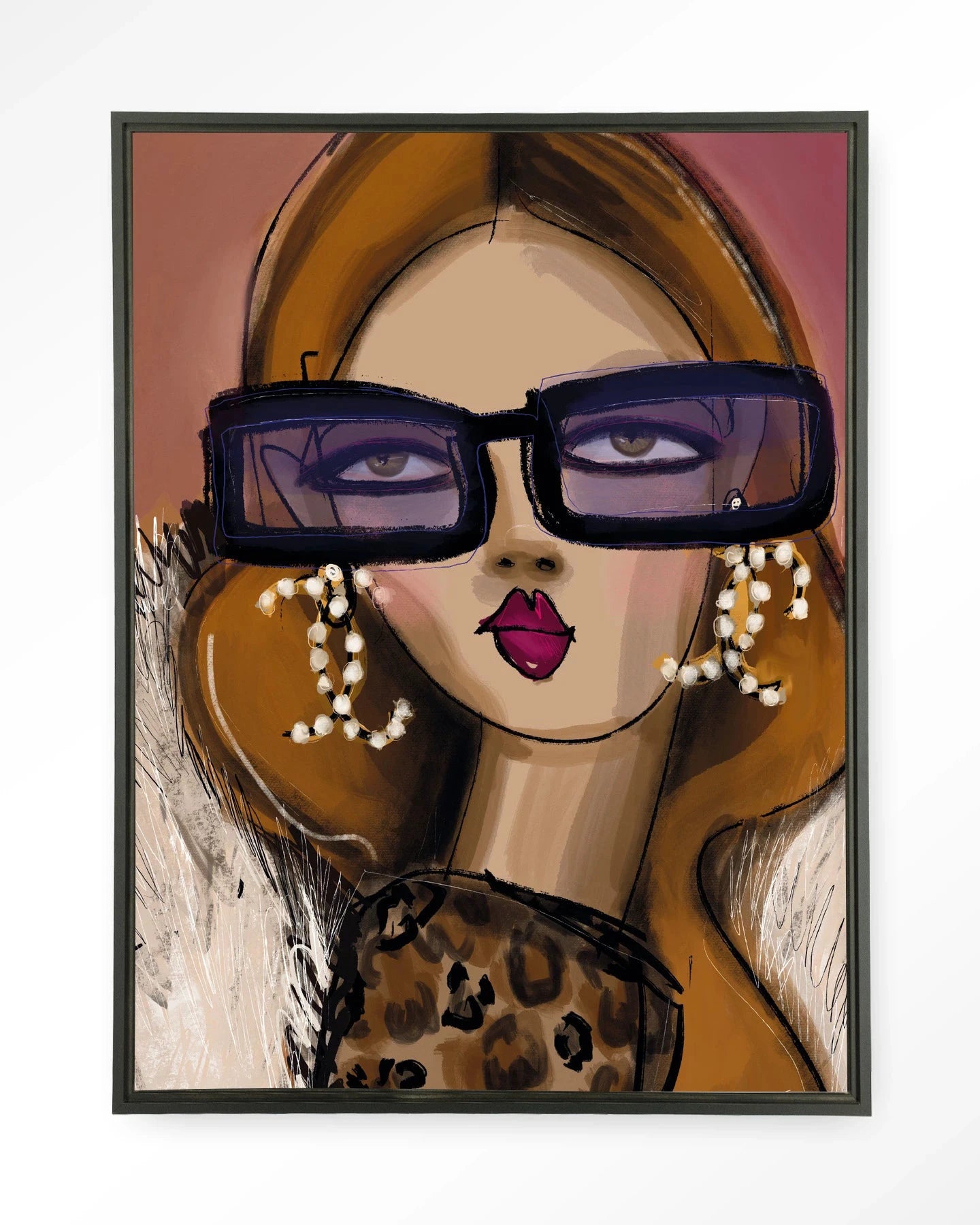 Moderne wanddecoratie van Urban Cotton met kunstprint, glasart en wandkleed met een vrouwelijk ontwerp in zwart frame.