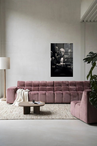 Moderne wanddecoratie van Urban Cotton met glas artprint en wandkleed, abstract kunstwerk Dons Legacy voor in huis.