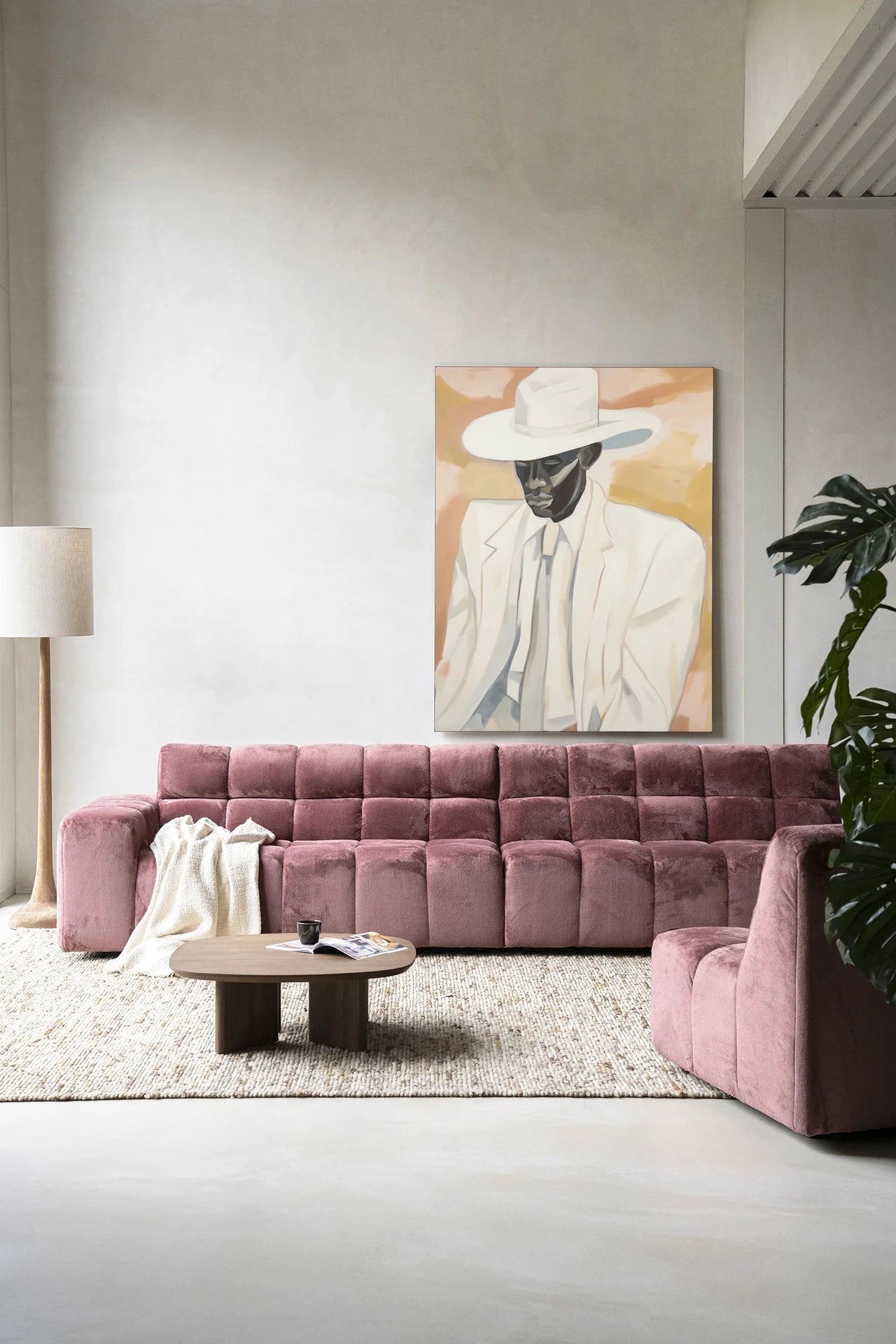 Moderne wanddecoratie van Urban Cotton met Dusty Don kunstprint en wandkleed, kleurrijk glasart en textuur voor stijlvolle interieurversiering