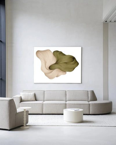 Moderne wanddecoratie van Urban Cotton met kunstprint, glazen kunstwerk en wandkleed in een stijlvolle frame.