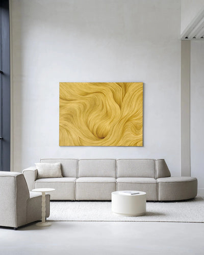 Moderne wanddecoratie van Urban Cotton met kunstprint, glazen kunst en wandkleed, afgebeeld met een frame op een witte achtergrond.
