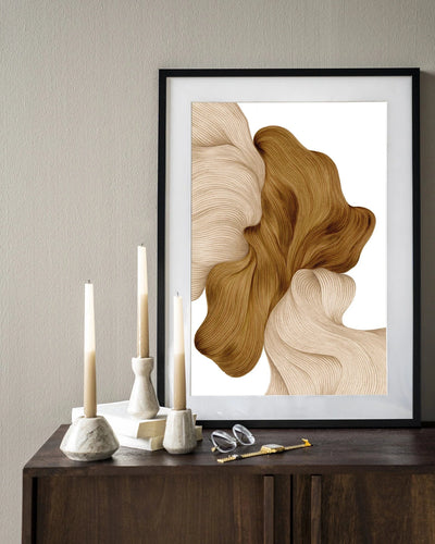 Moderne wanddecoratie met houten lijst door Urban Cotton, inclusief kunstprint, glazen kunst en wandkleed in zwart en houtkleur.