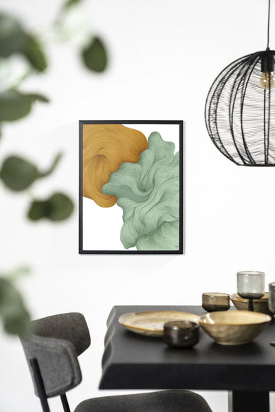 Moderne wanddecoratie van Urban Cotton met houten frame, zwart kunstprint en glasart voor stijlvolle interieurversiering.