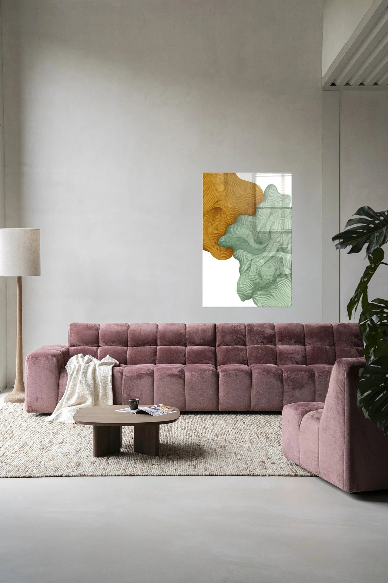 Moderne wanddecoratie van Urban Cotton, glaskunst en kunstprint met abstract design, geschikt als stijlvolle muurversiering.