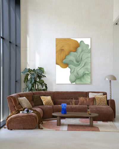 Moderne wanddecoratie van Urban Cotton met artprint en wandkleed, abstracte glasart en stijlvolle muurversiering in een frame.