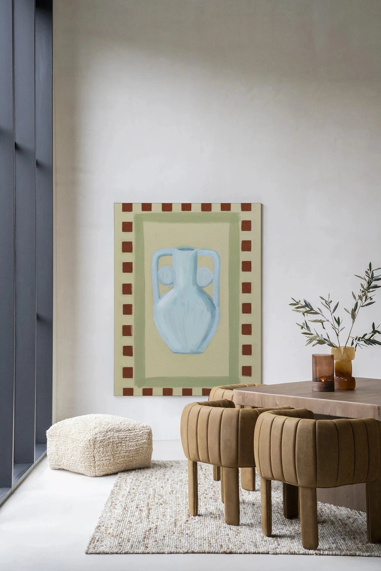 Moderne wanddecoratie van Urban Cotton met glass art en wandkleed uit de Eclectic Series 1, kleurrijk en abstract ontwerp.