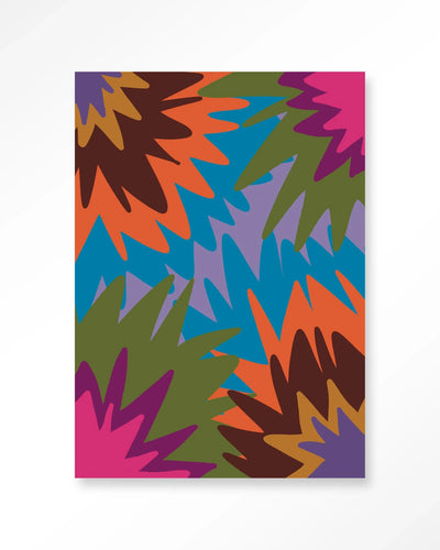 Moderne wanddecoratie met vuurwerkprint, glasart en wandkleed van Urban Cotton, kleurrijk en artistiek voor aan de muur
