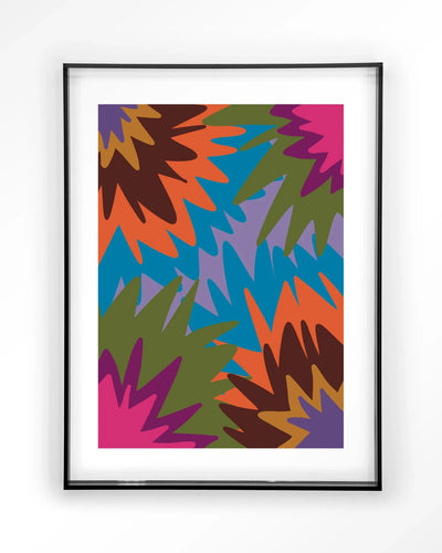 Moderne vuurwerk kunstprint van Urban Cotton, ingelijst in zwart acryl, geschikt als wanddecoratie en glas art.