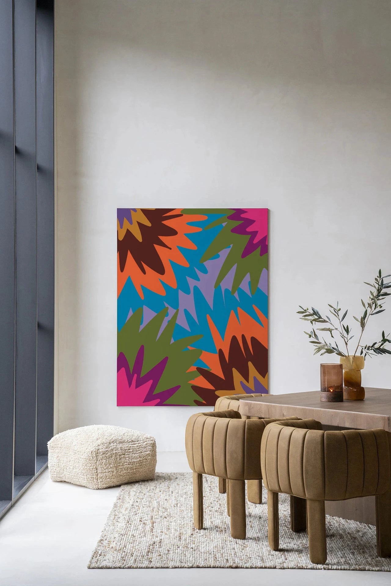 Moderne wanddecoratie met vuurwerkprint, glasart en wandkleed van Urban Cotton, kleurrijk en artistiek kunstwerk voor aan de muur.