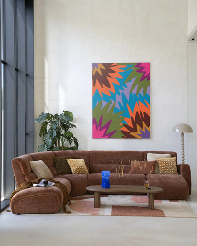 Moderne vuurwerk wanddecoratie door Urban Cotton, kunstprint op glas en wandkleed met kleurrijk vuurwerkontwerp.
