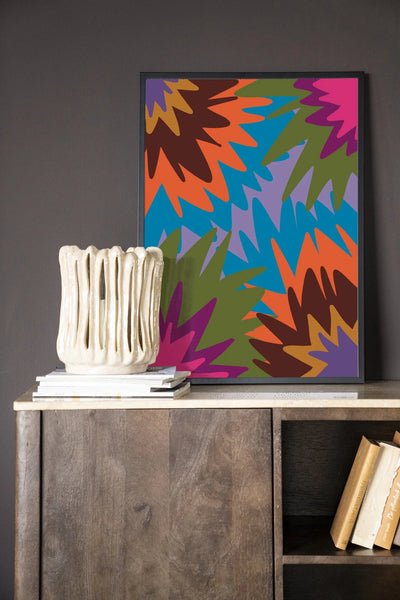 Moderne vuurwerkkunst in zwart houten frame, glas art en wandkleed, Urban Cotton muurdecoratie, kleurrijk en opvallend design