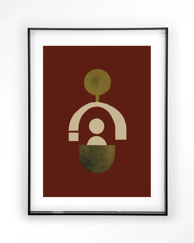 Moderne kunstprint "Forma 2 Red" van Urban Cotton met acrylframe en zwart wandkleed, kleurrijke abstracte wanddecoratie.