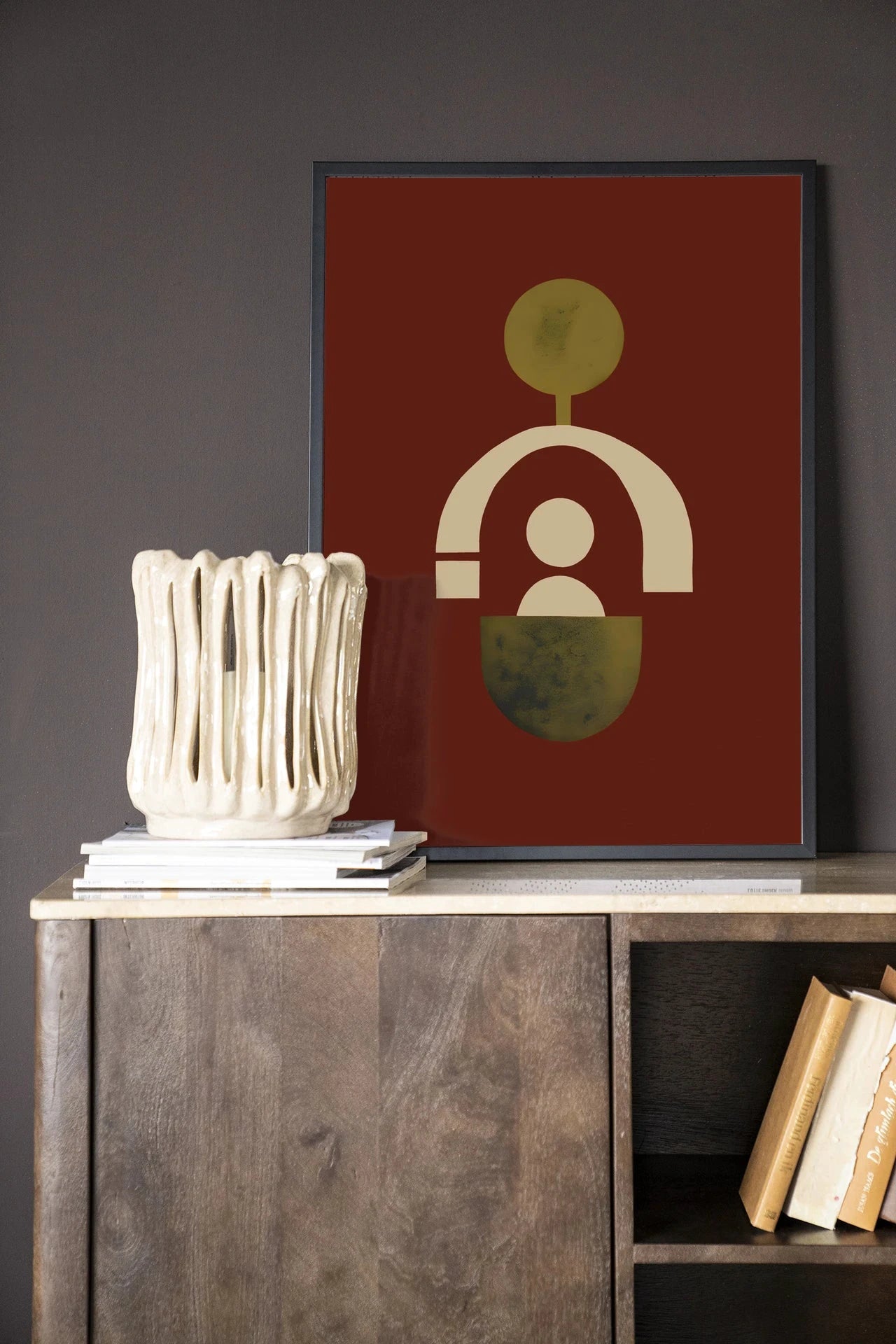 Moderne kunstwanddecoratie Forma 2 Red van Urban Cotton met houten frame en zwart glas, kleurrijk abstract artprint voor de muur