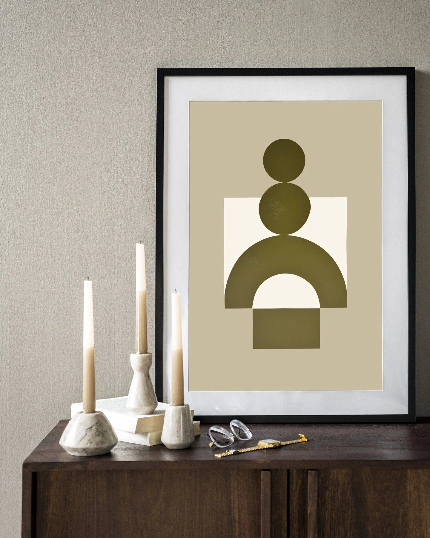 Moderne wanddecoratie Forma 3 beige kunst met houten lijst, glas art en wandkleed door Urban Cotton.