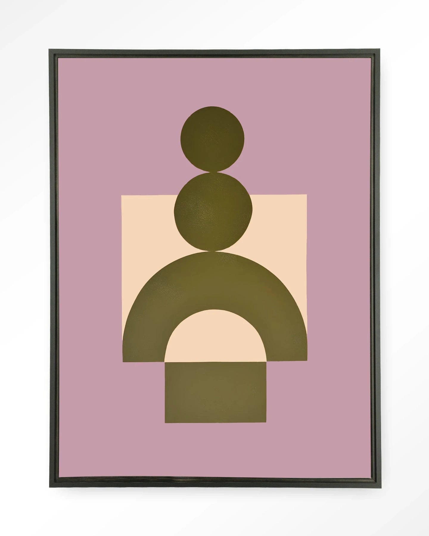 Moderne wanddecoratie van Urban Cotton, Forma 3 Lilac kunstwandkleed met zwart zwevende lijst en glass art.