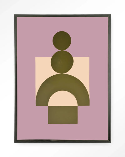Moderne wanddecoratie van Urban Cotton, Forma 3 Lilac kunstwandkleed met zwart zwevende lijst en glass art.