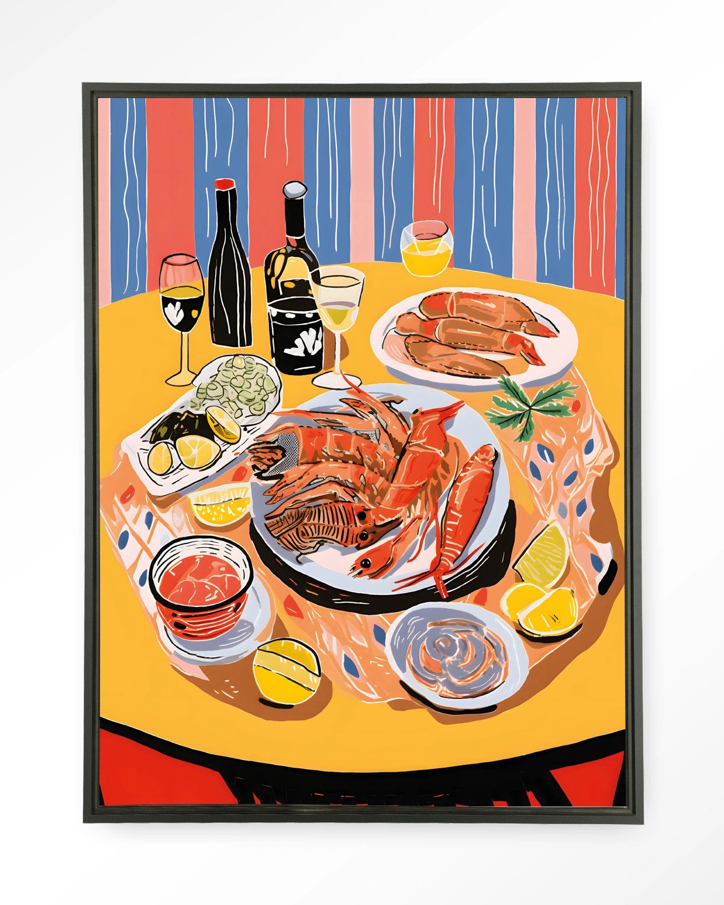 Moderne Fruits de Mer kunstwanddecoratie met zwart wandkleed en glazen kunstwerk, Urban Cotton kunstprint voor stijlvolle interieurdecoratie