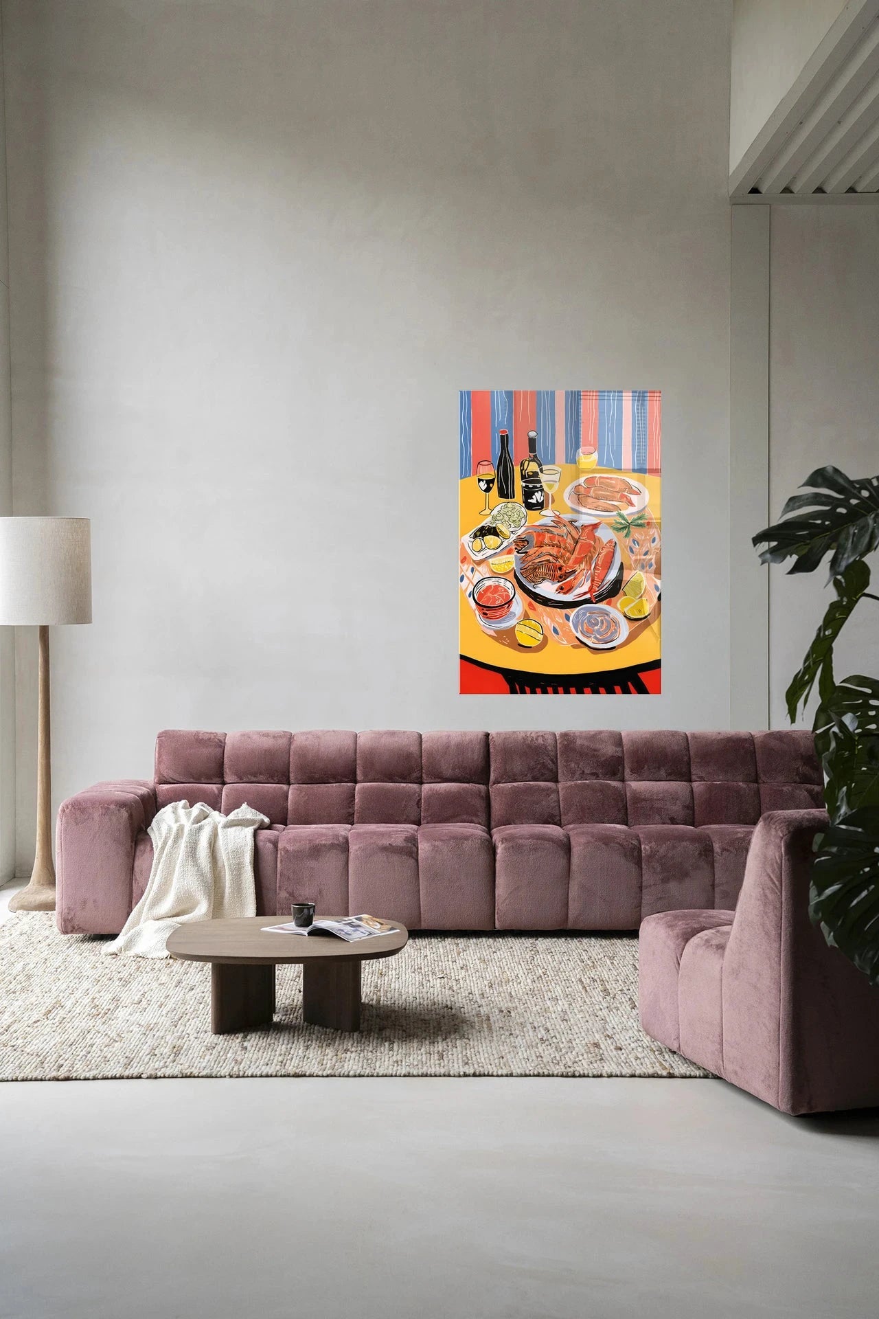 Moderne fruits de mer glaskunst van Urban Cotton, kleurrijk kunstwerk voor wanddecoratie, gedetailleerde vis- en schelpdierenafbeelding.