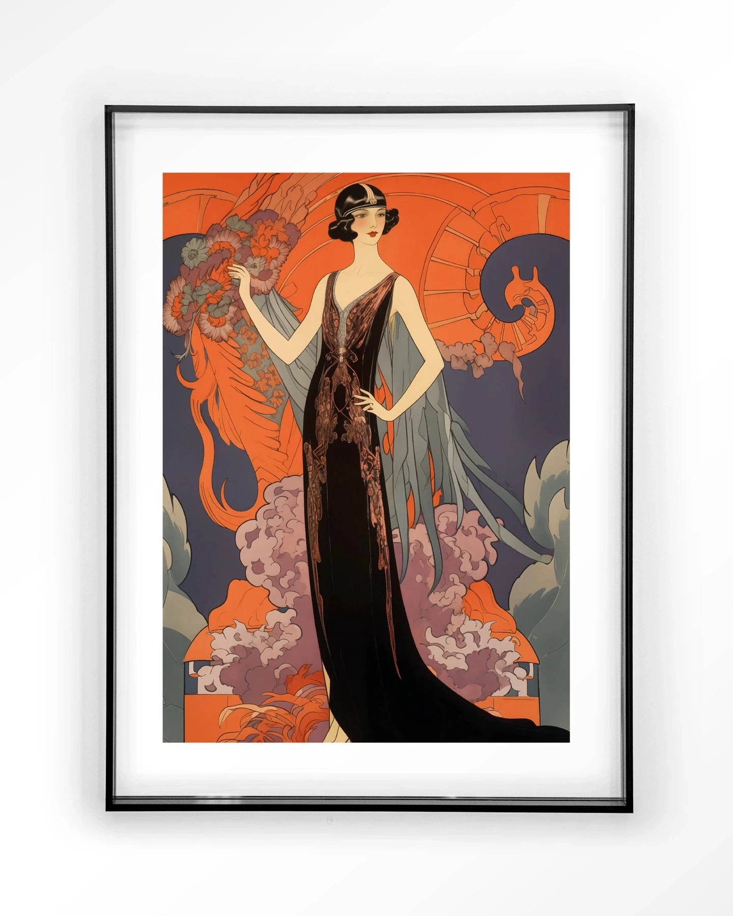 Moderne wanddecoratie van Urban Cotton met een Gatsby Lady artprint op canvas met zwarte lijst, stijlvolle muurkunst.