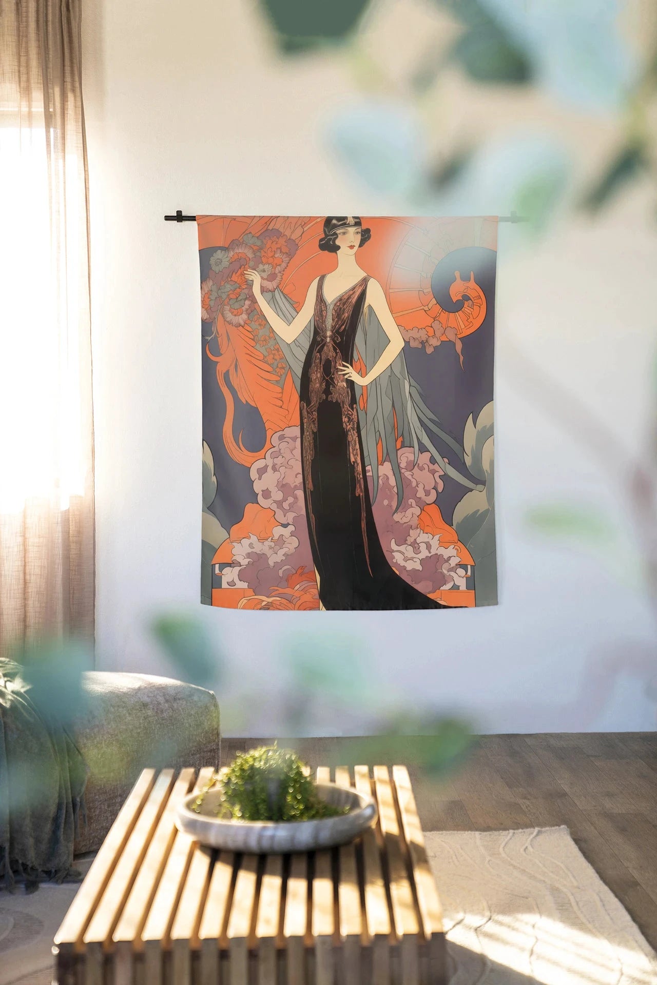 Moderne wanddecoratie van Urban Cotton met kunstprint en wandkleed van Gatsby Lady, kleurrijk en artistiek design voor aan de muur