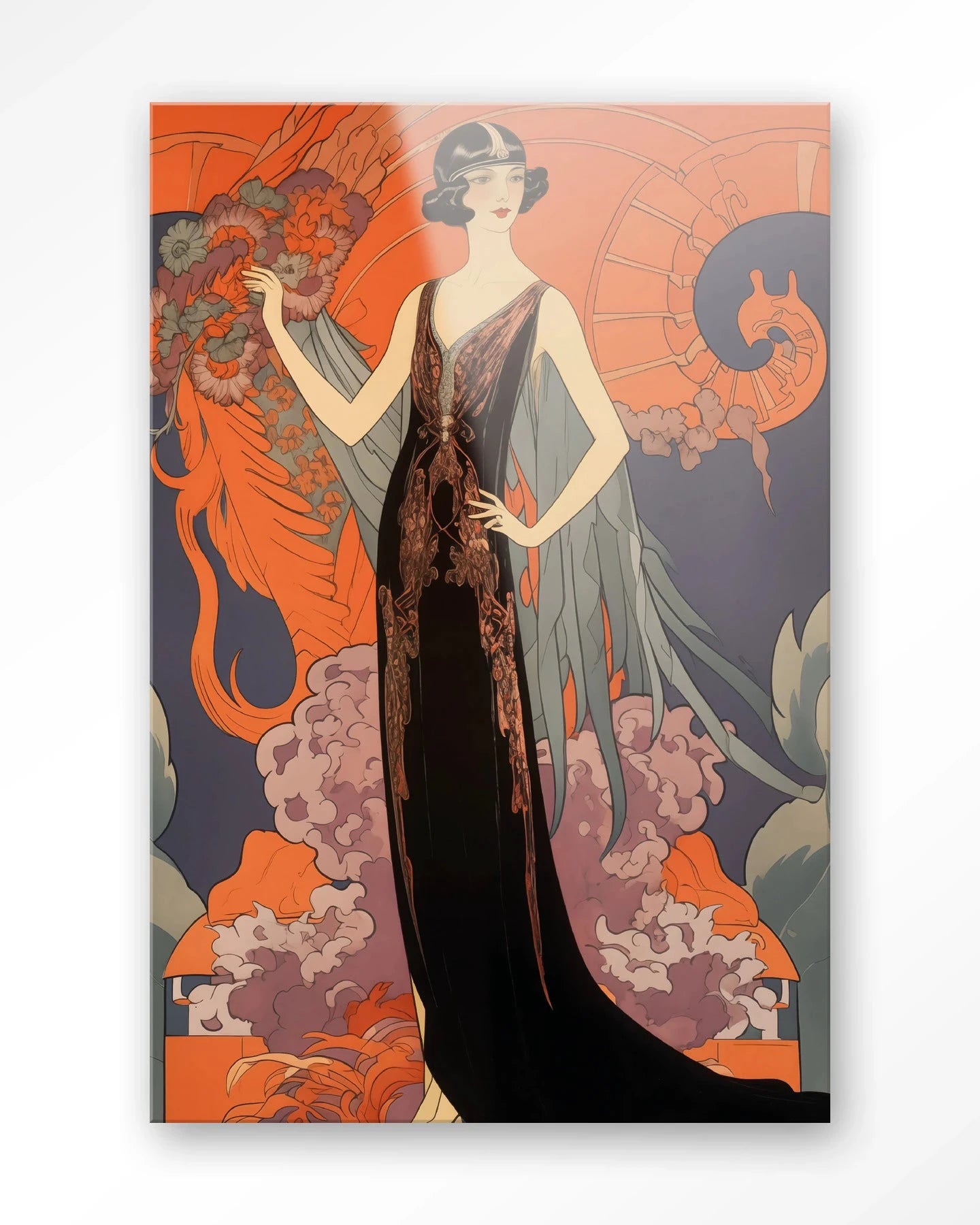 Moderne wanddecoratie van Urban Cotton met een glas artprint en wandkleed, afbeelding van een stijlvolle Gatsby Lady.